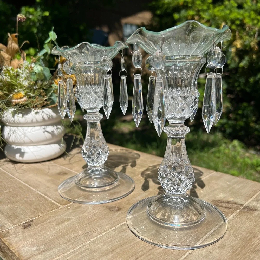 Pair of Glass Candle Holders w/ Hanging Crystals
